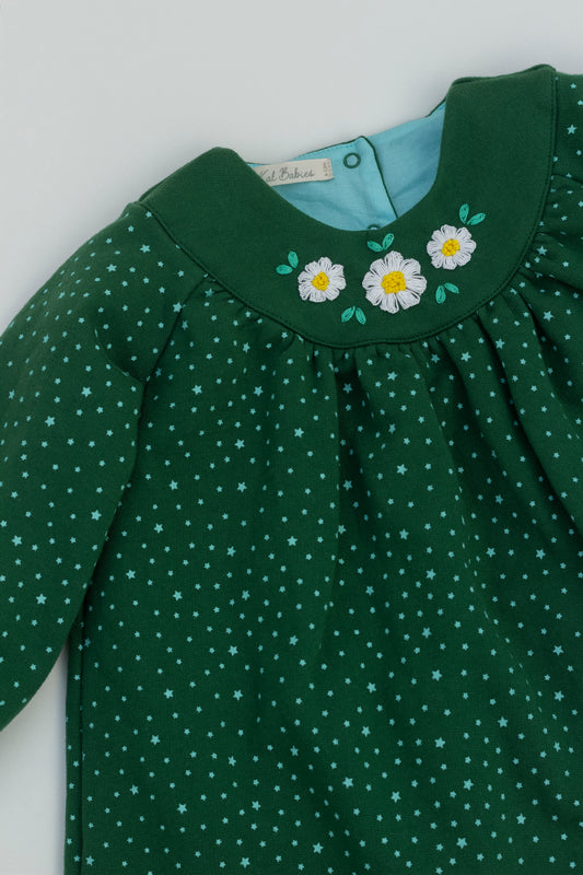 Fleece green dress with hand embroidered flowers