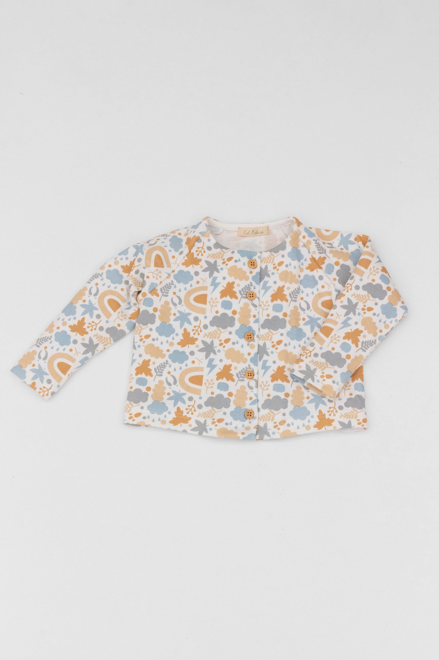 Organic long sleeve cardigan autumn leaves blue print