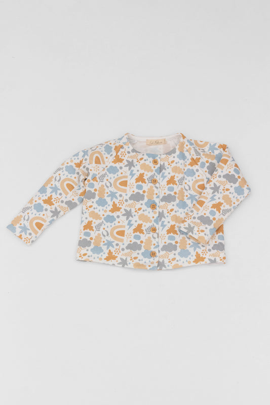 Organic long sleeve cardigan autumn leaves blue print