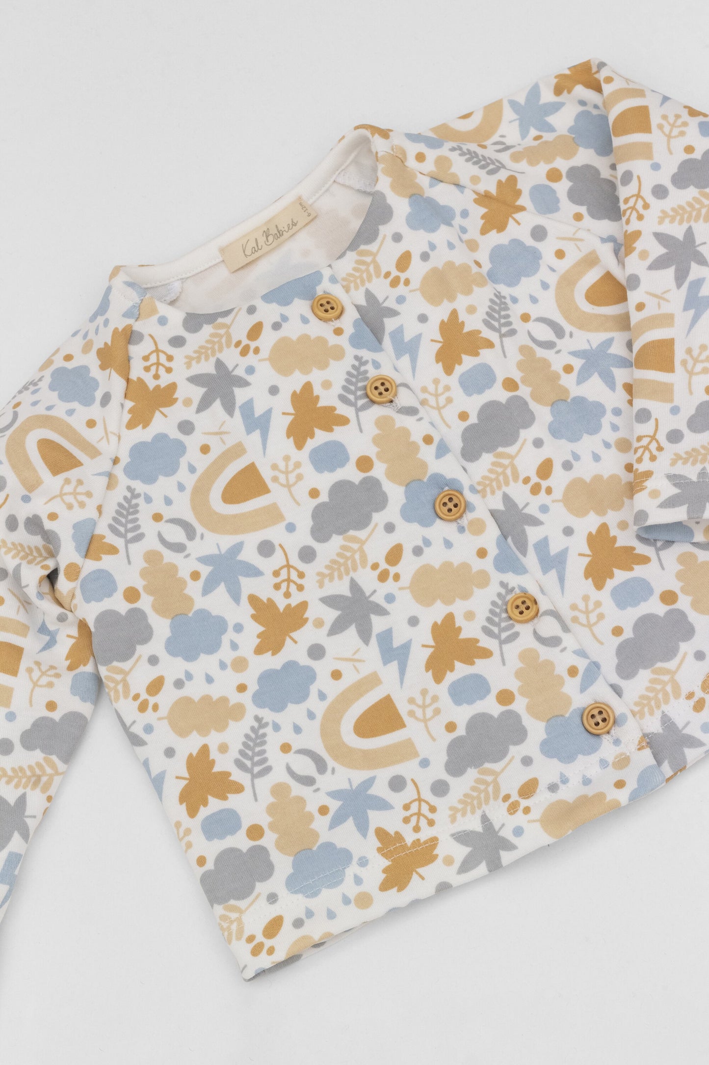 Organic long sleeve cardigan autumn leaves blue print