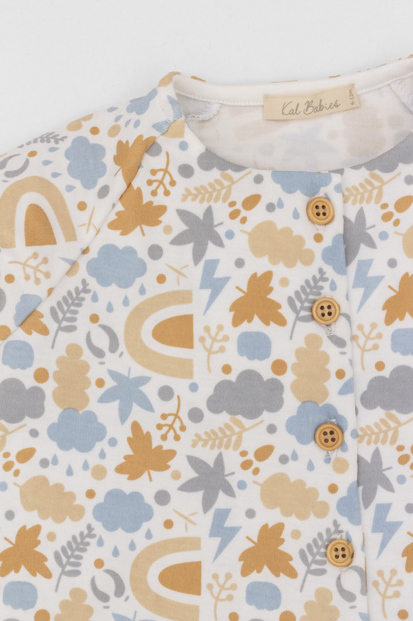 Organic long sleeve cardigan autumn leaves blue print