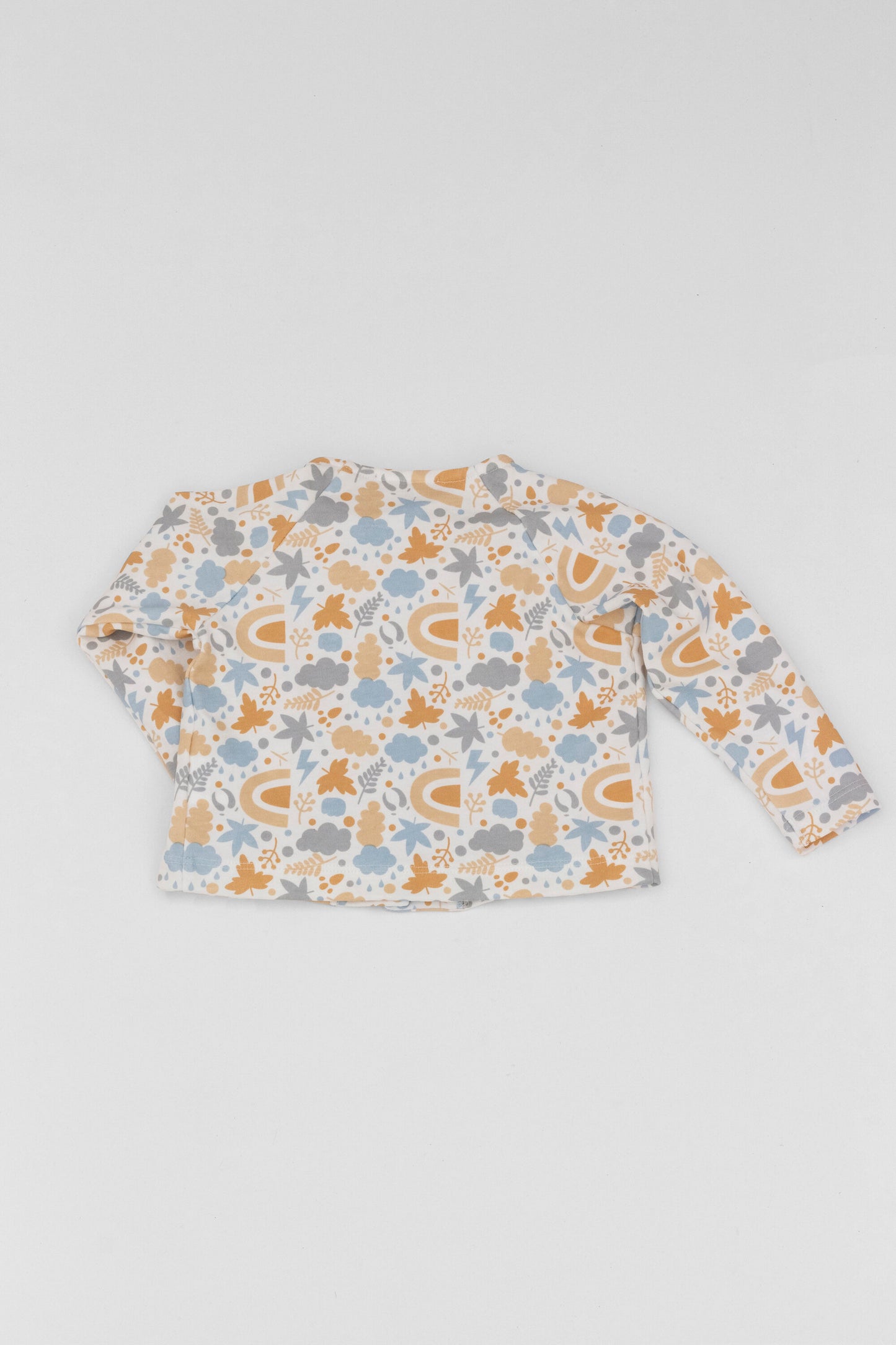 Organic long sleeve cardigan autumn leaves blue print