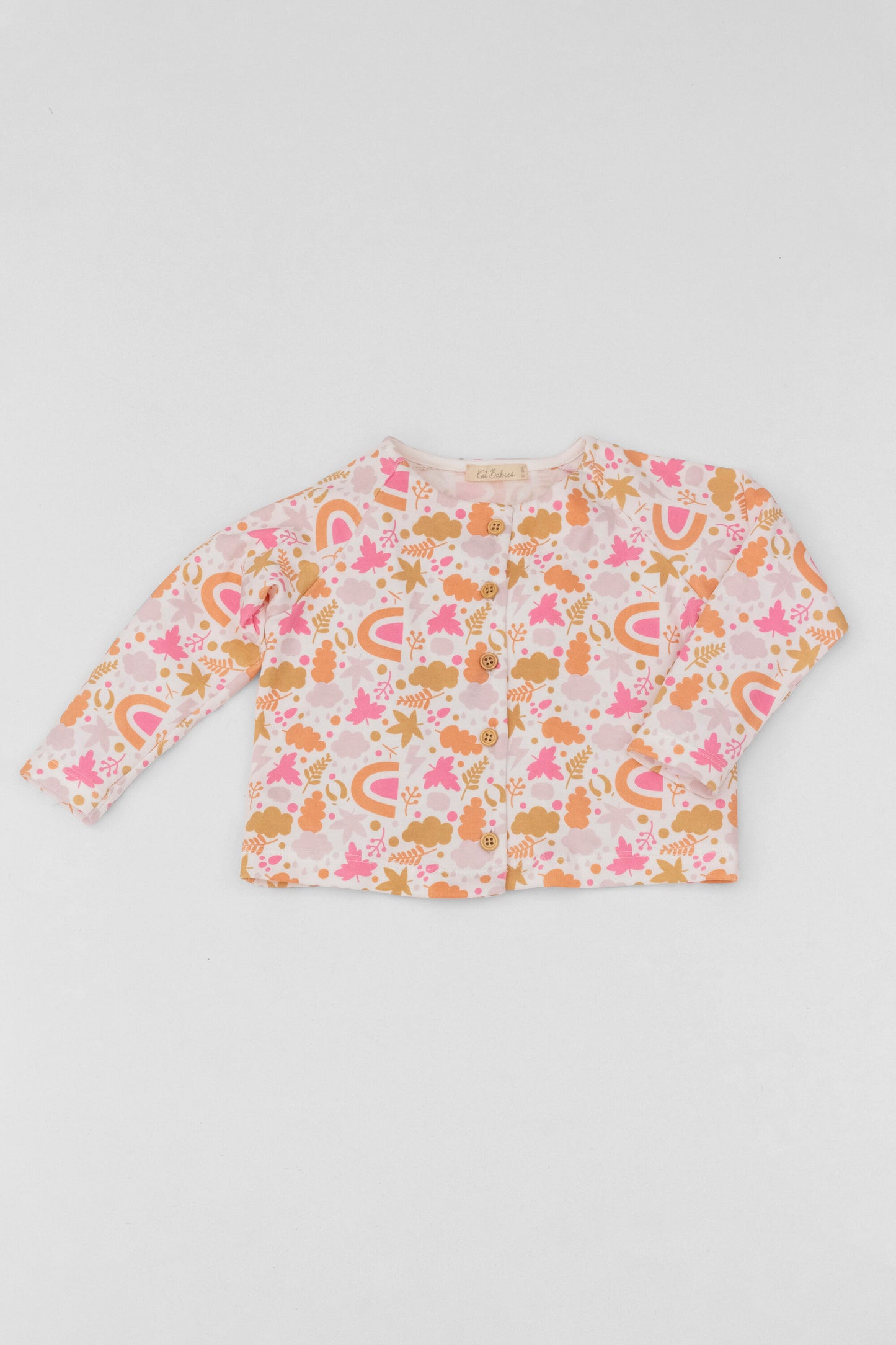 Organic long sleeve cardigan autumn leaves pink print