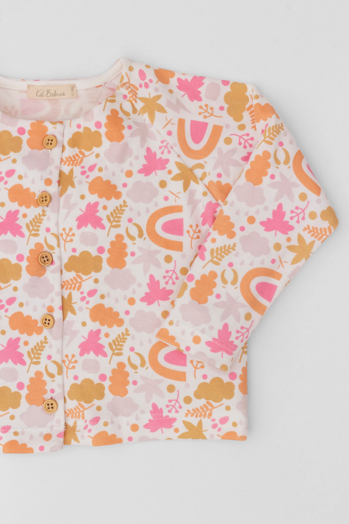 Organic long sleeve cardigan autumn leaves pink print