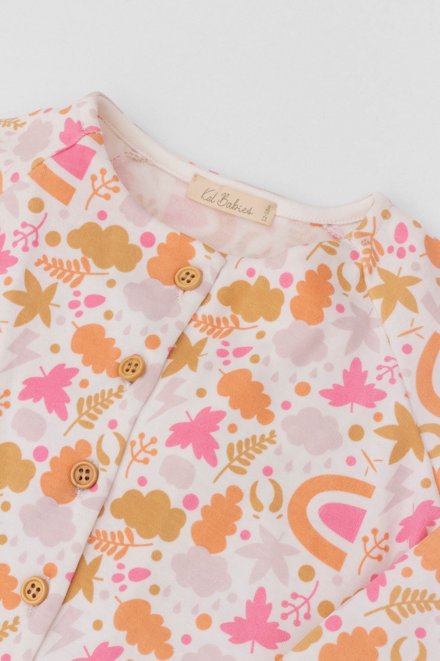 Organic long sleeve cardigan autumn leaves pink print