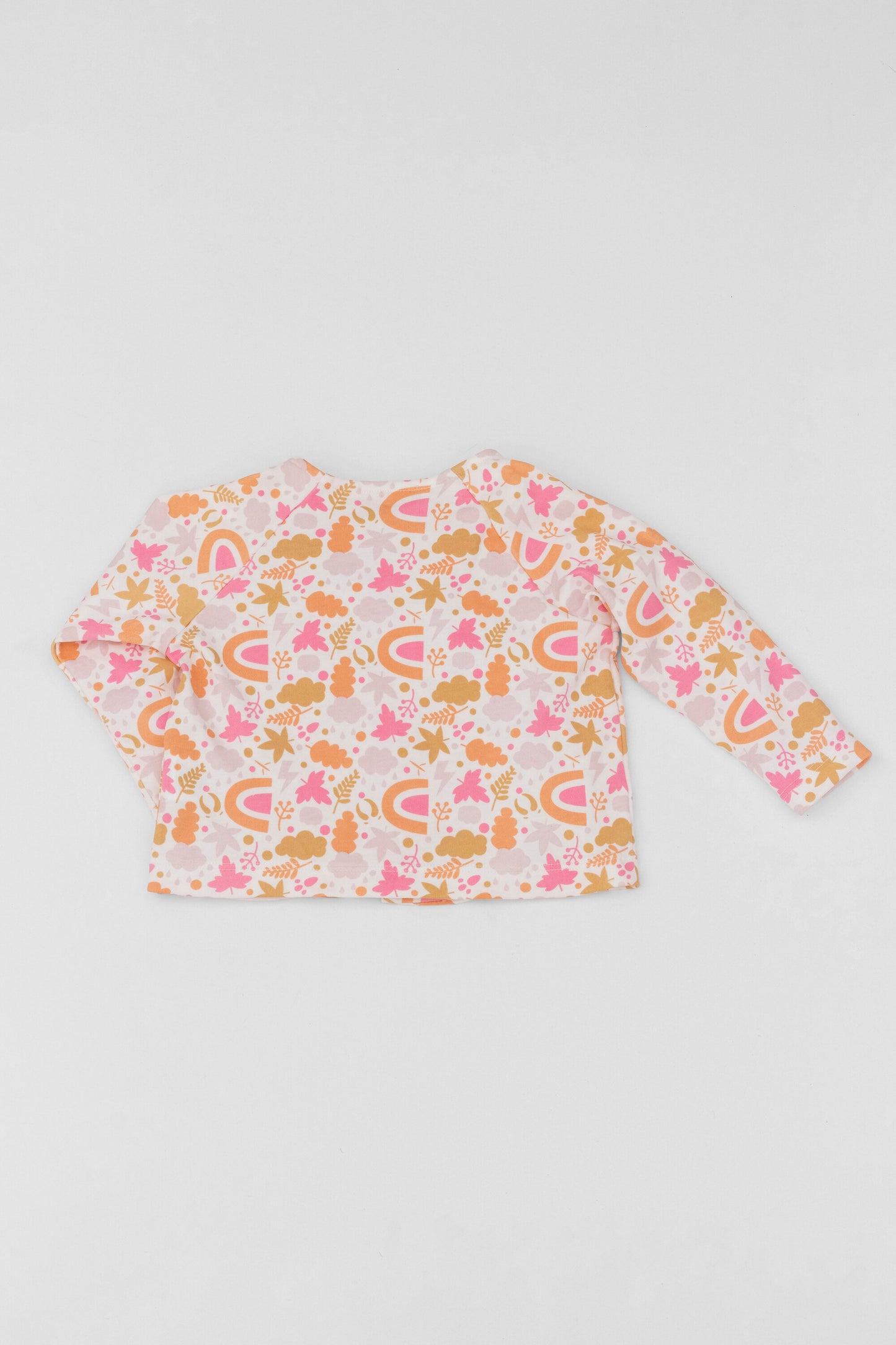 Organic long sleeve cardigan autumn leaves pink print