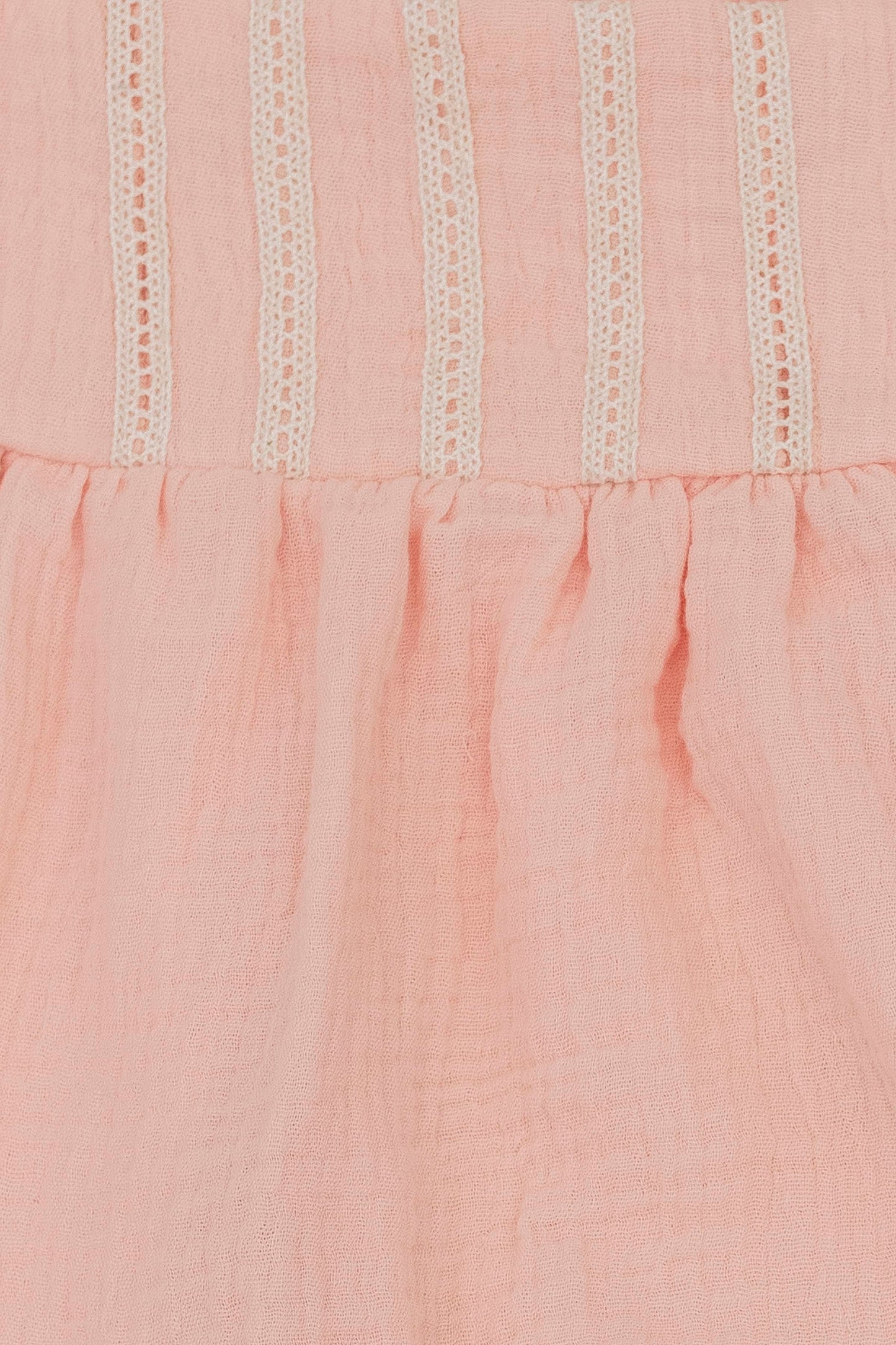 Salmon organic cotton muslin dress with lace for baby girls neckline detail