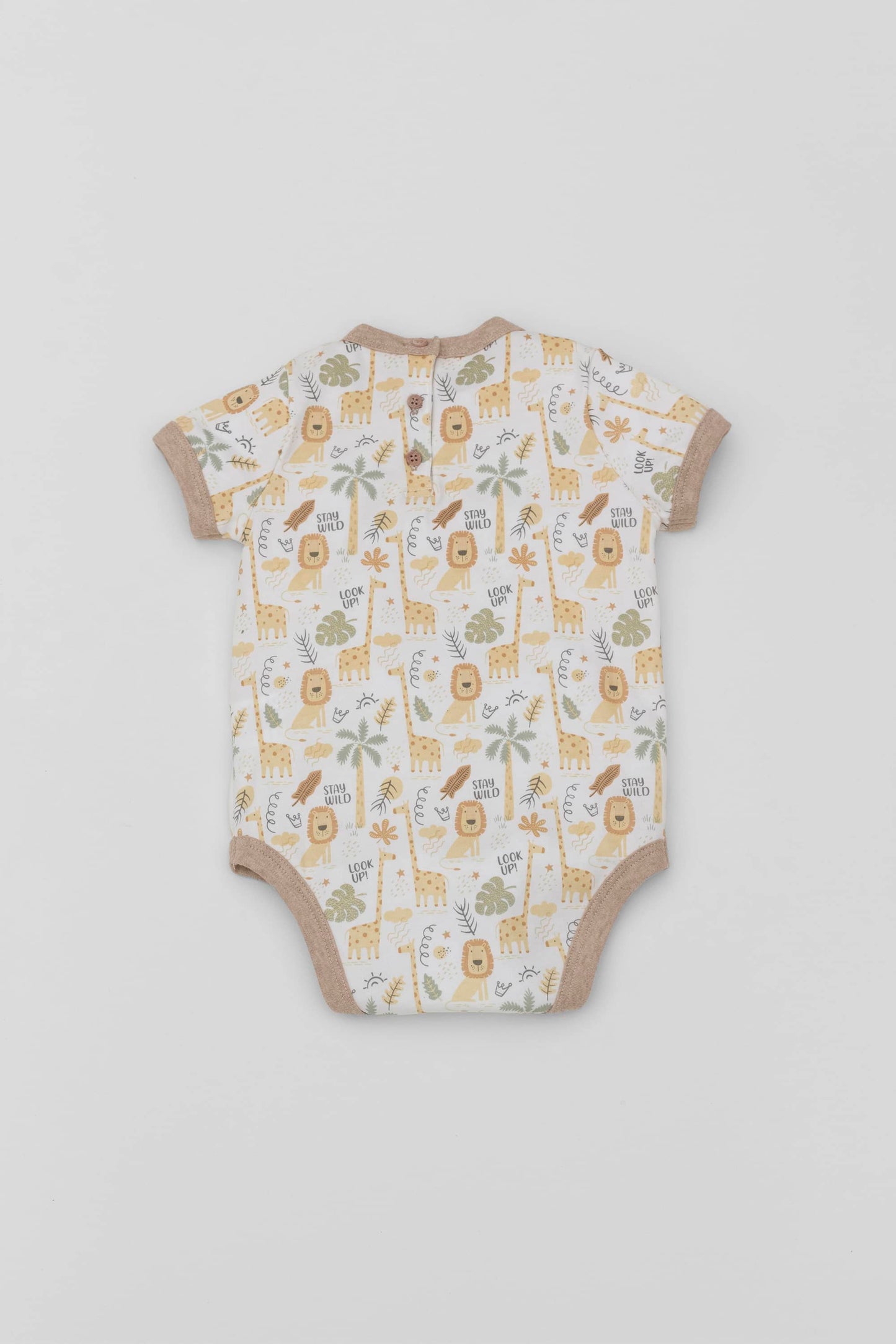 Organic pima cotton baby bodysuit. Safari printing and contrast sand piping. Back view