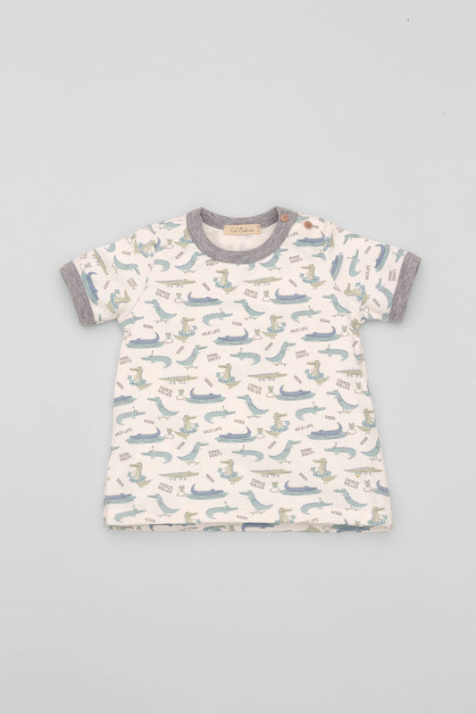 Organic pima cotton short-sleeve t-shirt with reptile print theme and contrasted neckline in heather grey. Front view