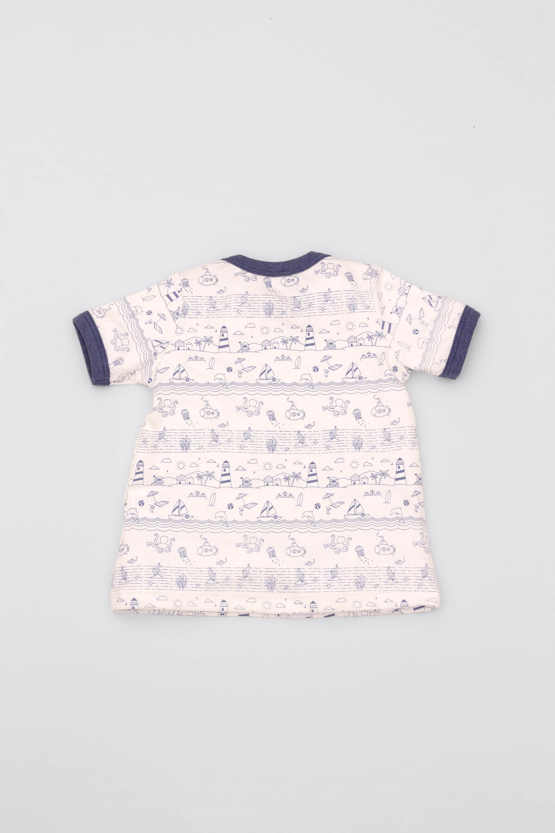 Organic pima cotton short-sleeve t-shirt with seascape print theme and contrasted neckline in heather blue. Back view