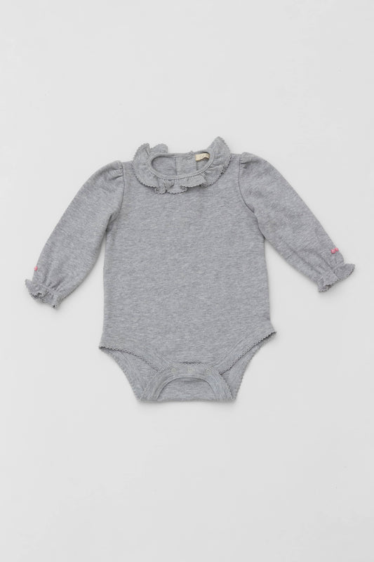 Bodysuit with ruffle collar and and long puff sleeves. Floral embroidery on sleeves. Snaps inseam. Back button closure. Heather grey color. Front view