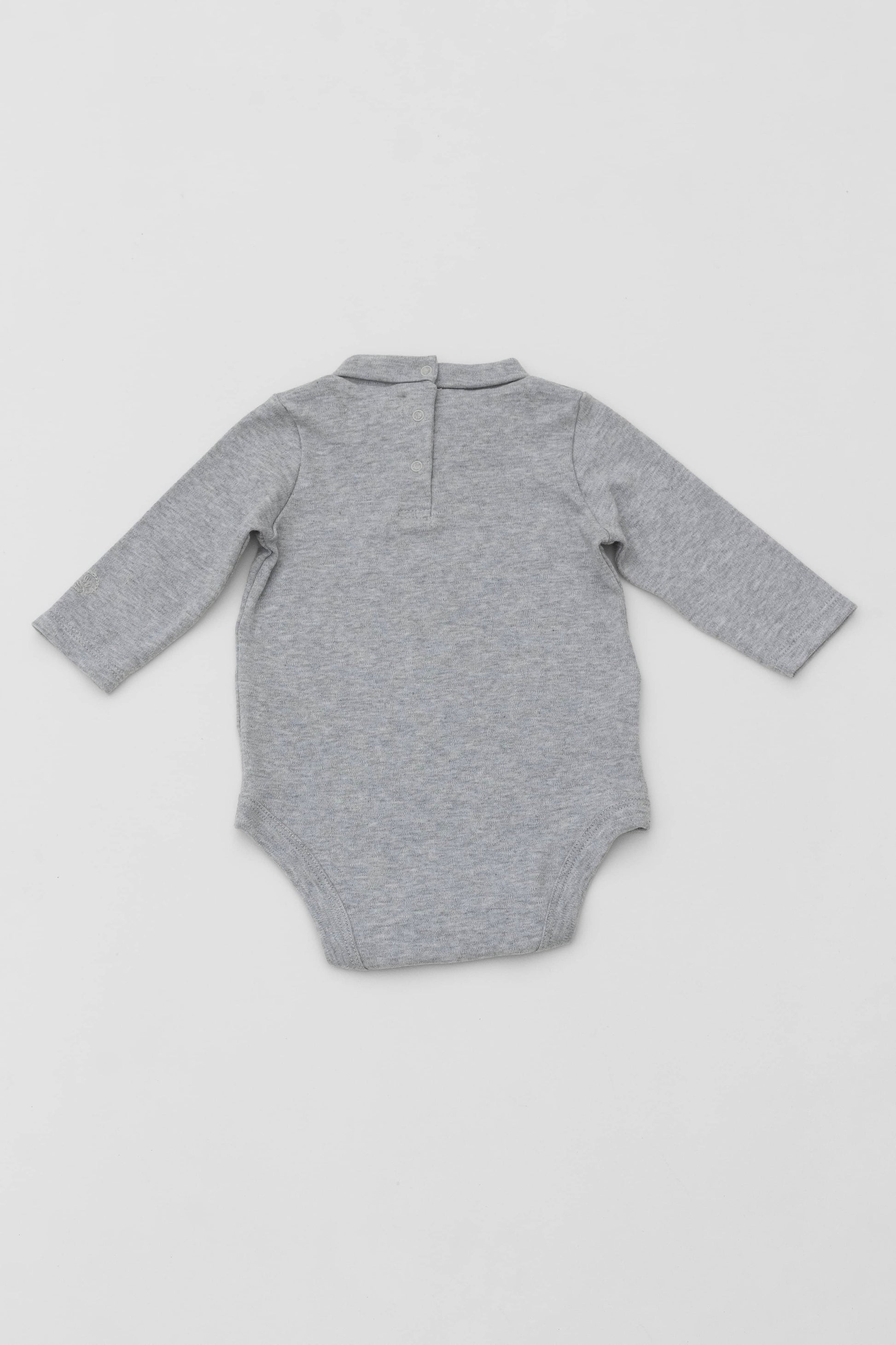 Long sleeve turtleneck bodysuit. Back opening. Snaps inseam. Embroidery detail on sleeve. Heather grey. Back view