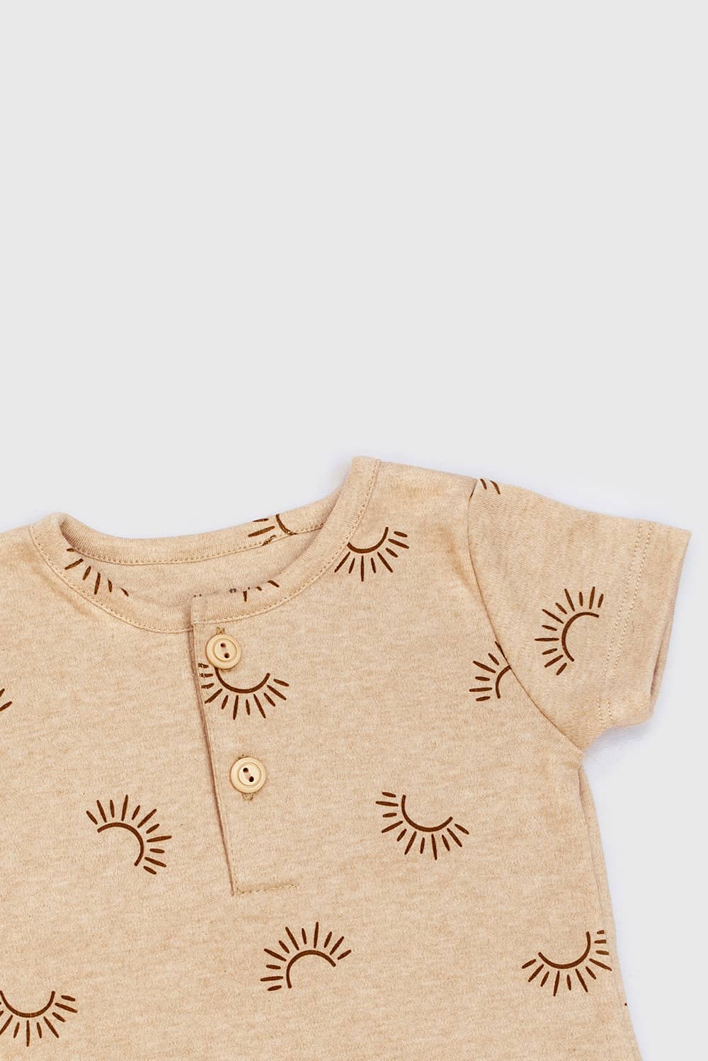 Short sleeve henley t-shirt Sunset print pattern, sand organic pima cotton. Alt view