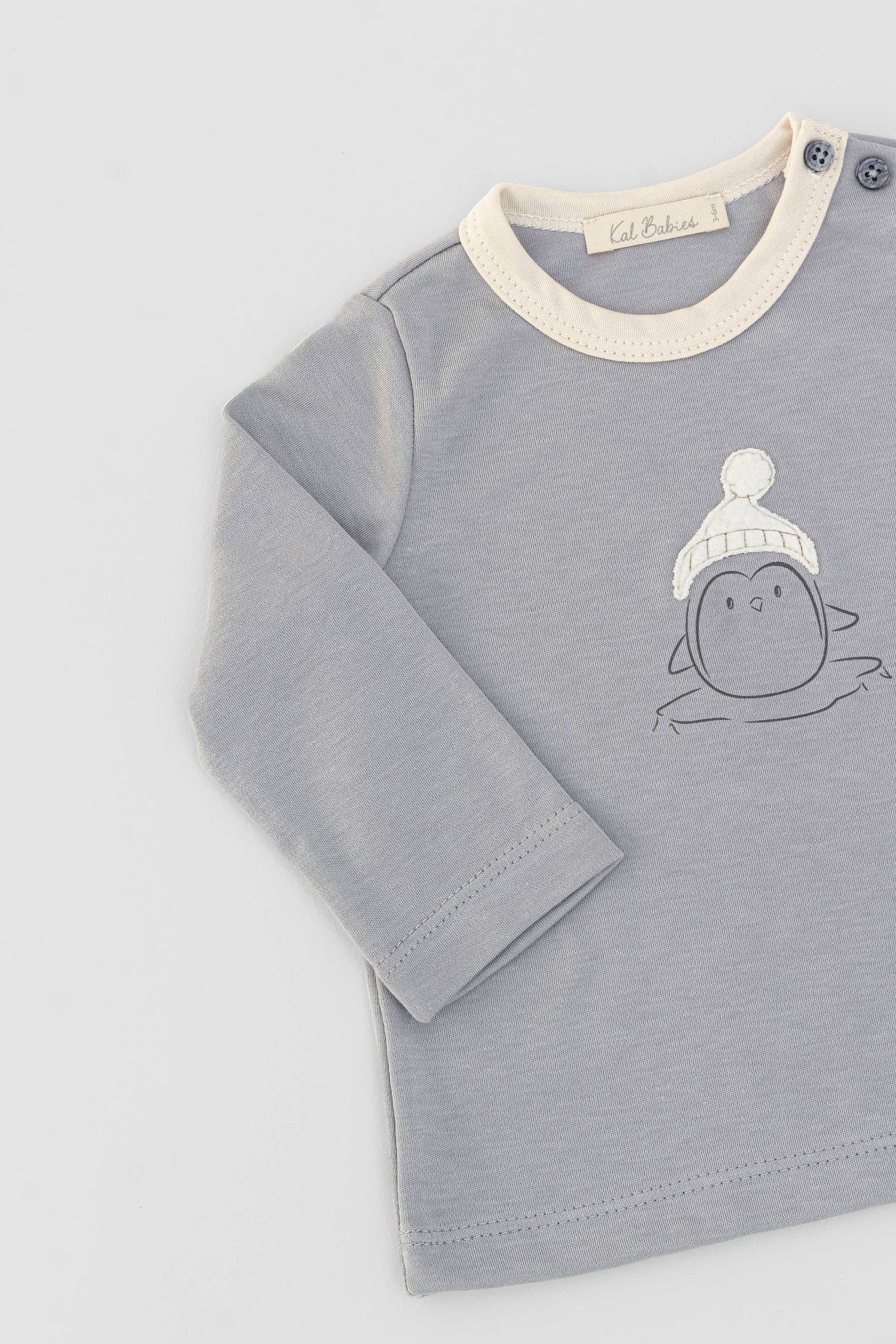 Long sleeve crewneck top with buttons at shoulder. Printed penguin with beanie appliqué. Grey/natural organic pima cotton. Alt front view