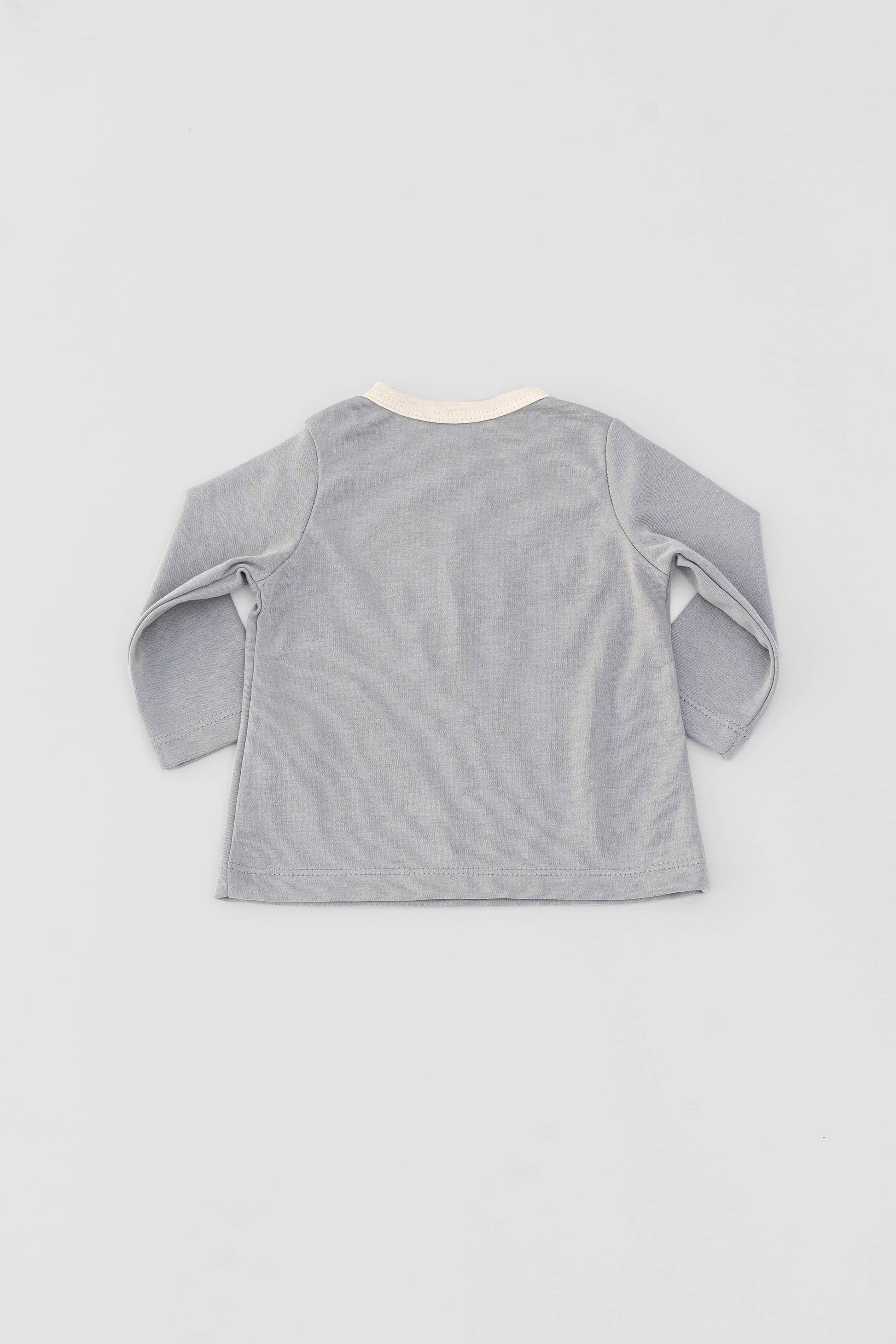 Long sleeve crewneck top with buttons at shoulder. Printed penguin with beanie appliqué. Grey/natural organic pima cotton. Back view