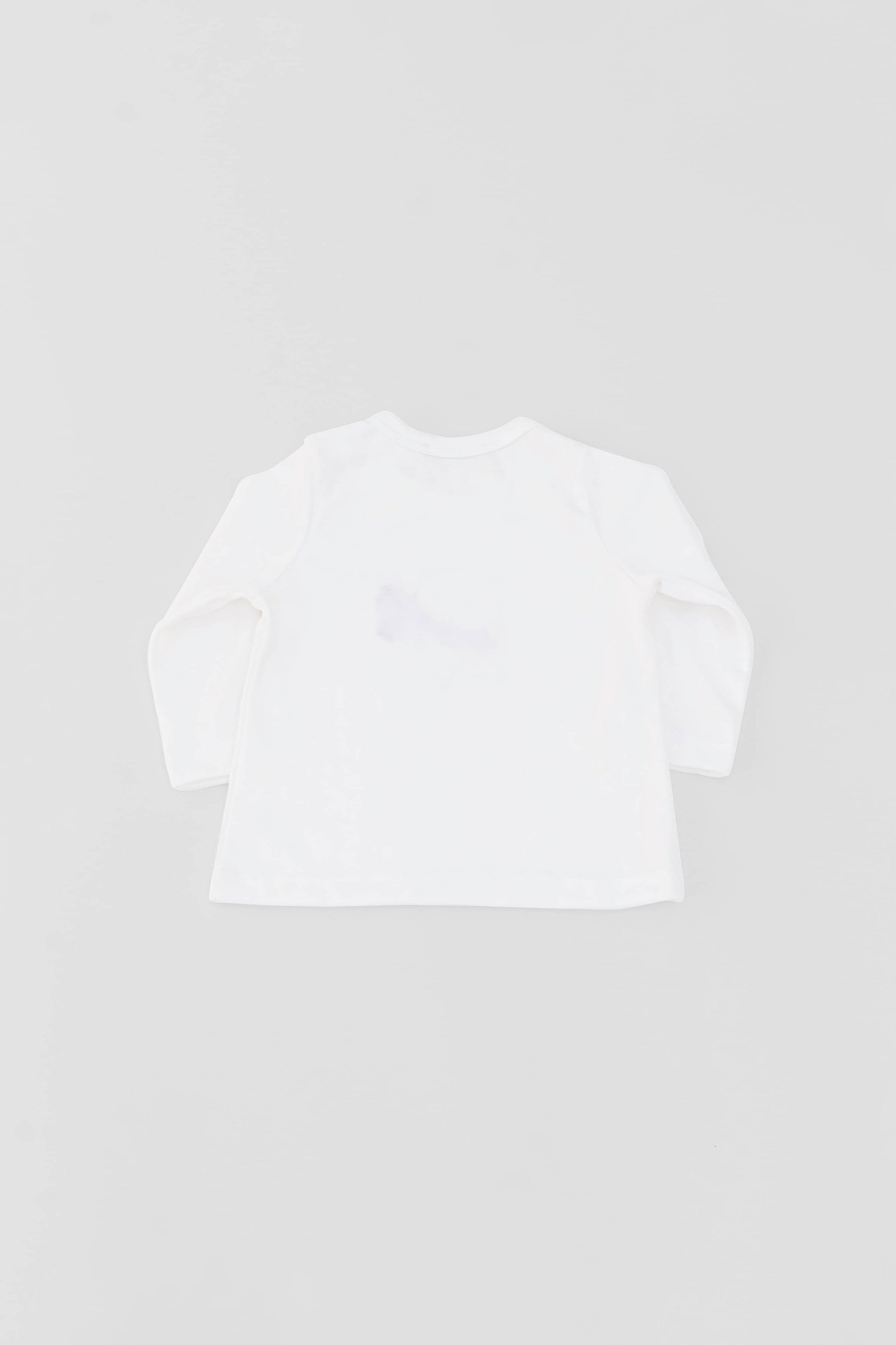 Long sleeve crewneck top with buttons at shoulder. Printed bear with scarf appliqué. Eco white organic pima cotton. Back view