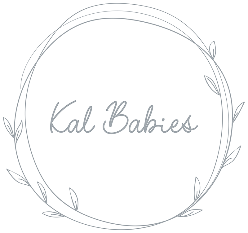 Kal babies logo in grey color  Typography logo surrounded by branches