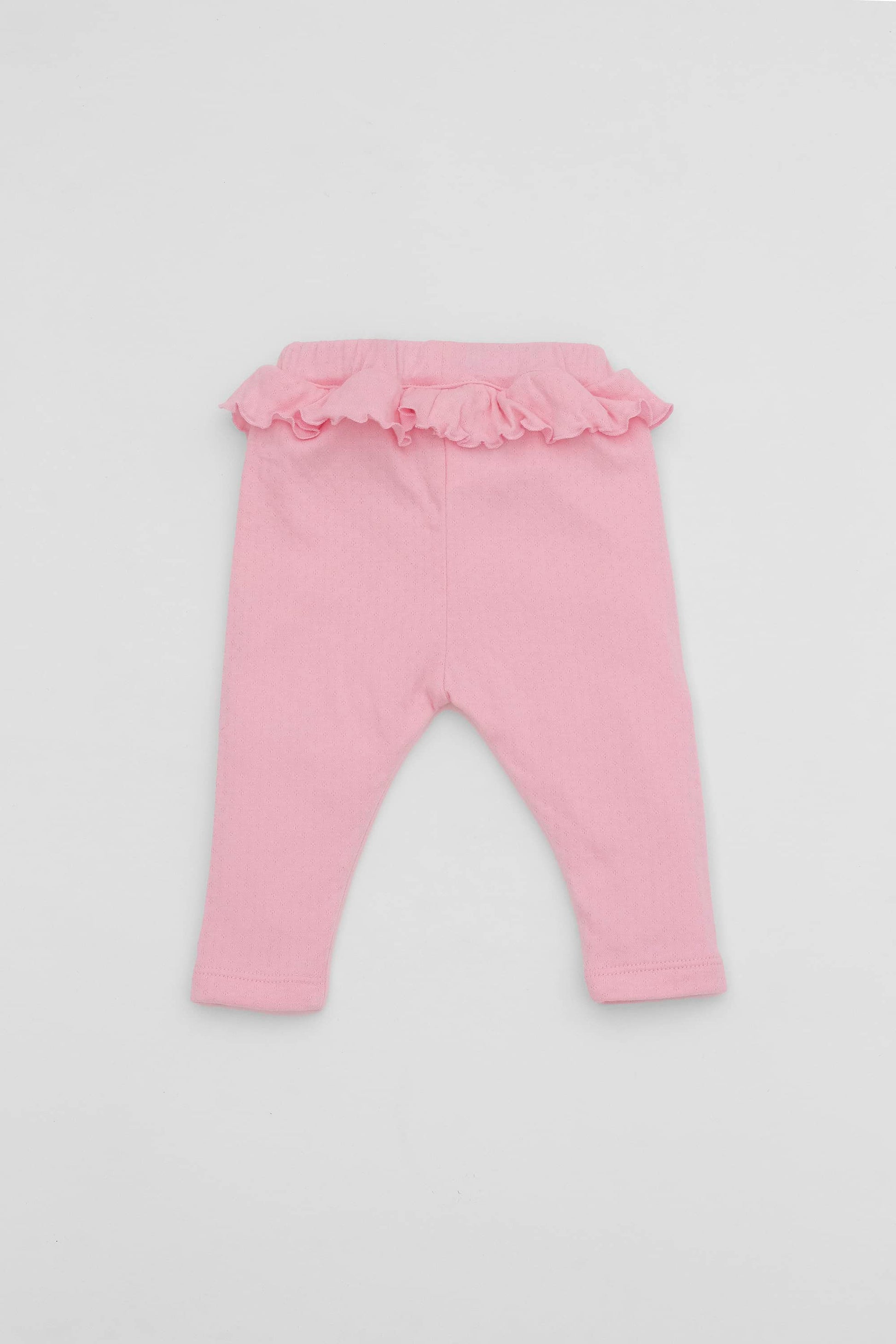 Pink leggings with ruffled accent on the waistband. Back