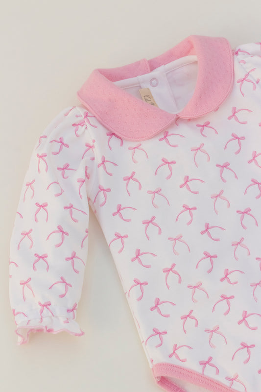 Long sleeve ribbons bodysuit with pink collar