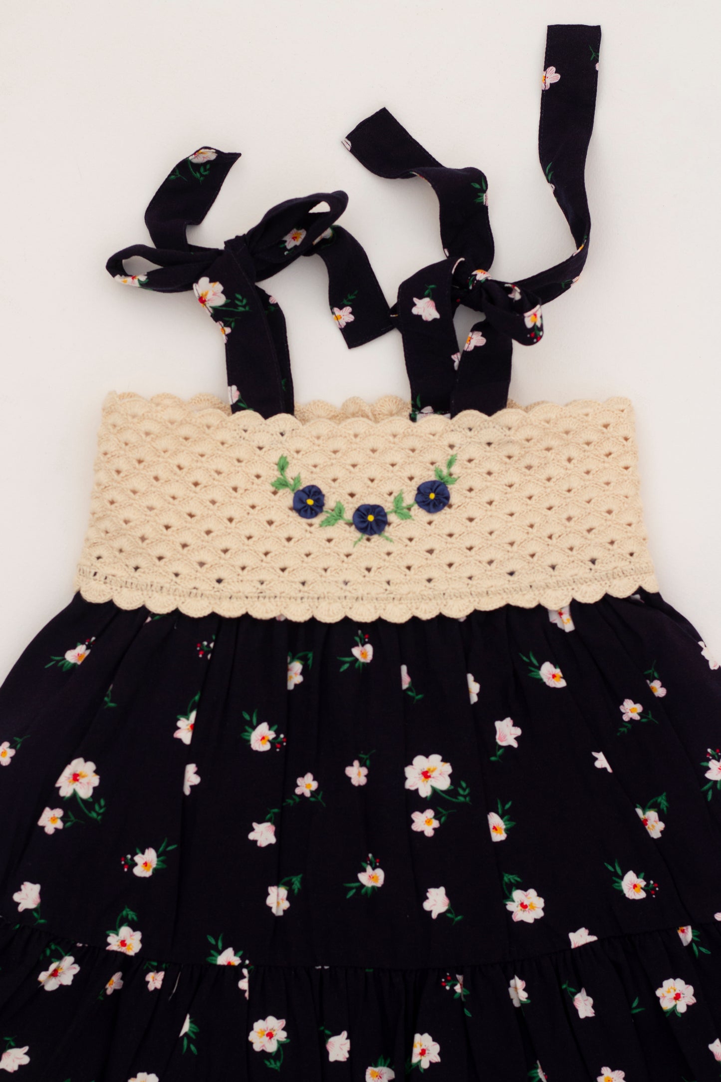 Summer flower dress with straps and hand crochet top