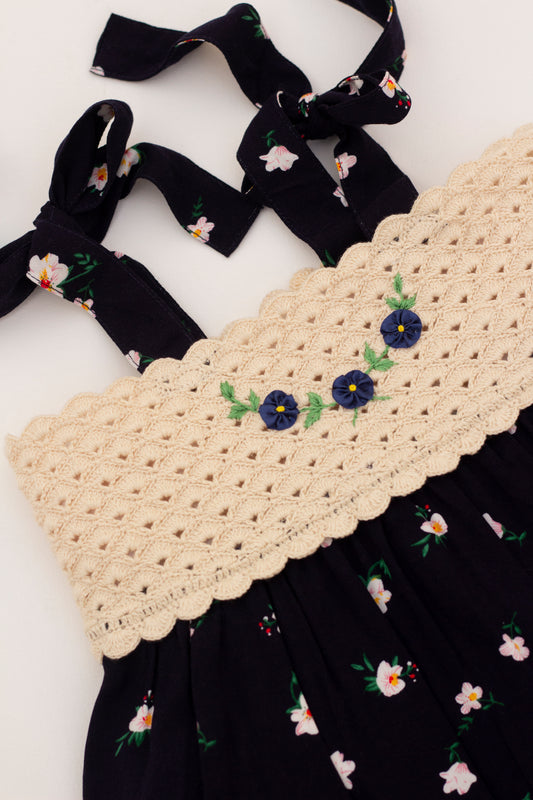 Summer flower dress with straps and hand crochet top