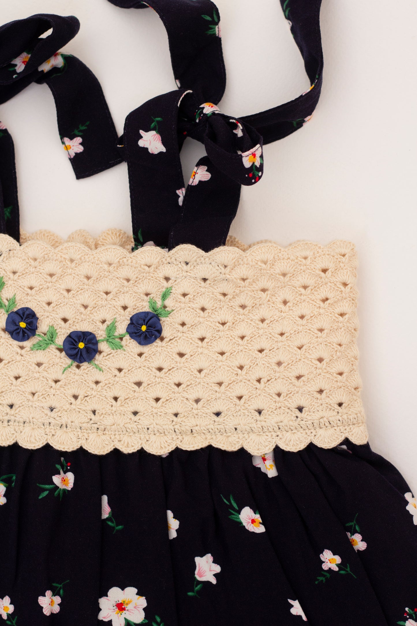 Summer flower dress with straps and hand crochet top