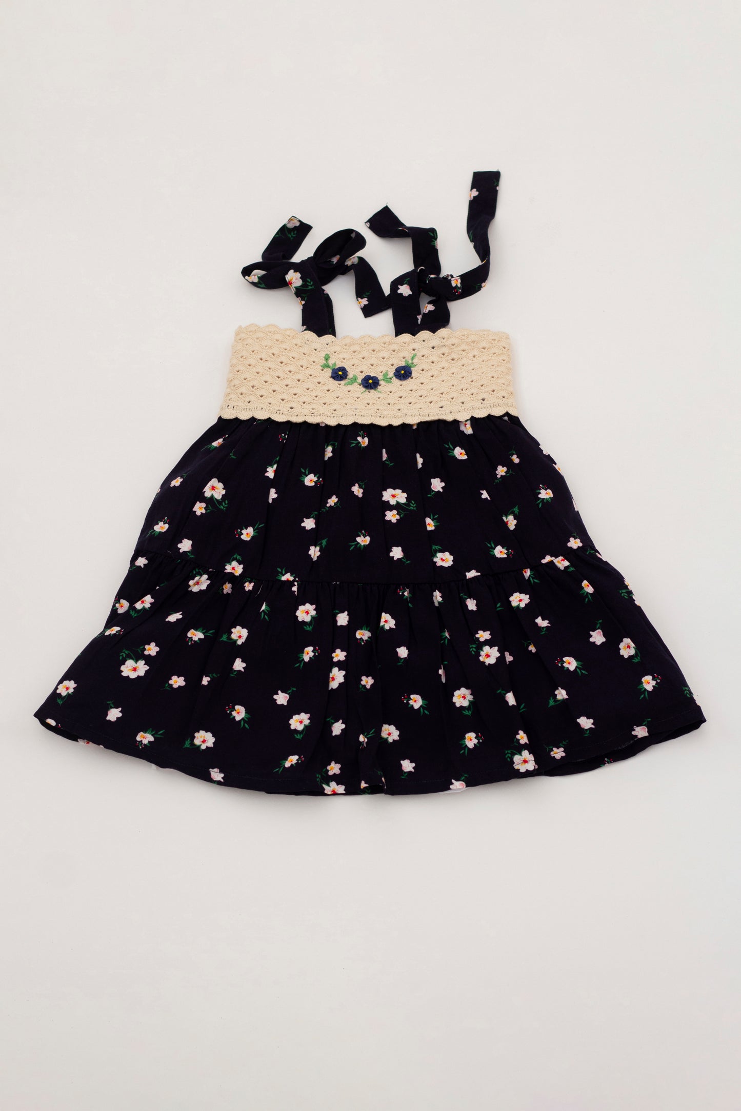 Summer flower dress with straps and hand crochet top