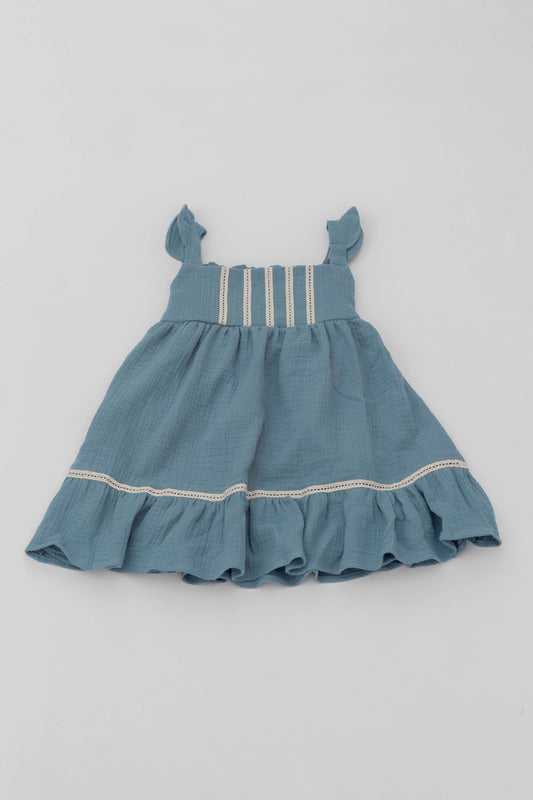 Blue organic cotton muslin dress with lace for baby girls front view 