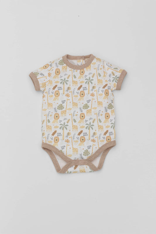 Organic pima cotton baby bodysuit. Safari printing and contrast sand piping. Front view