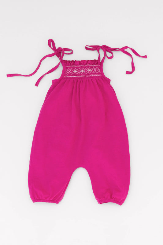 Smocked very berry organic romper with straps and embroidery