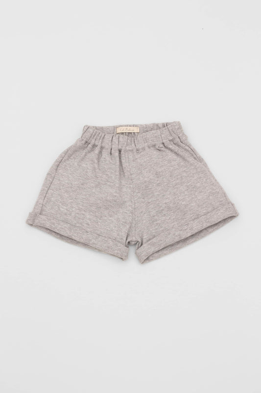 Grey organic cotton shorts with folded hem and back patch pockets. Front view