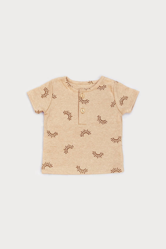 Short sleeve henley t-shirt Sunset print pattern, sand organic pima cotton. Front view