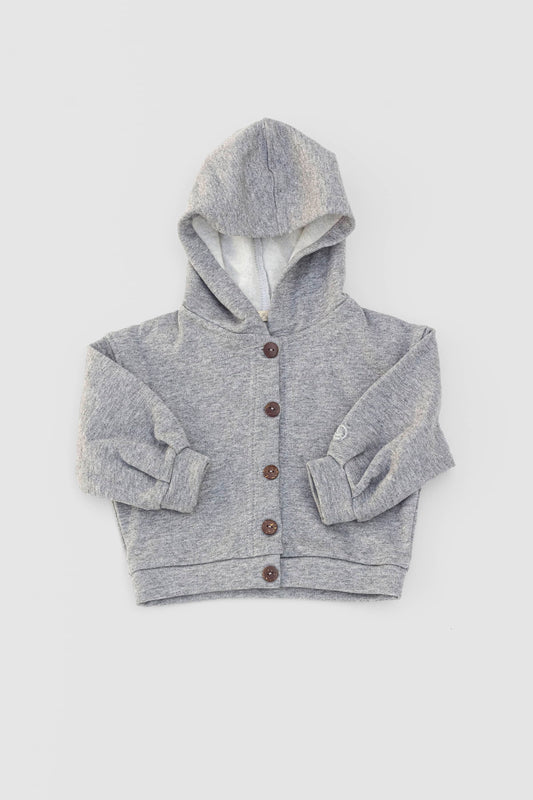 Fleece hoodie, button fastening, embroidery on sleeve. Heather grey organic cotton fleece. Front view