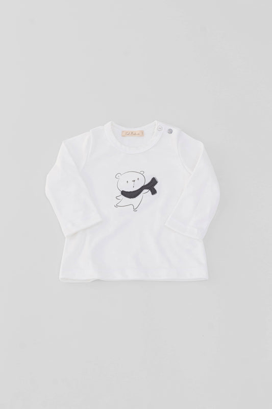 Long sleeve crewneck top with buttons at shoulder. Printed bear with scarf appliqué. Eco white organic pima cotton. Front view